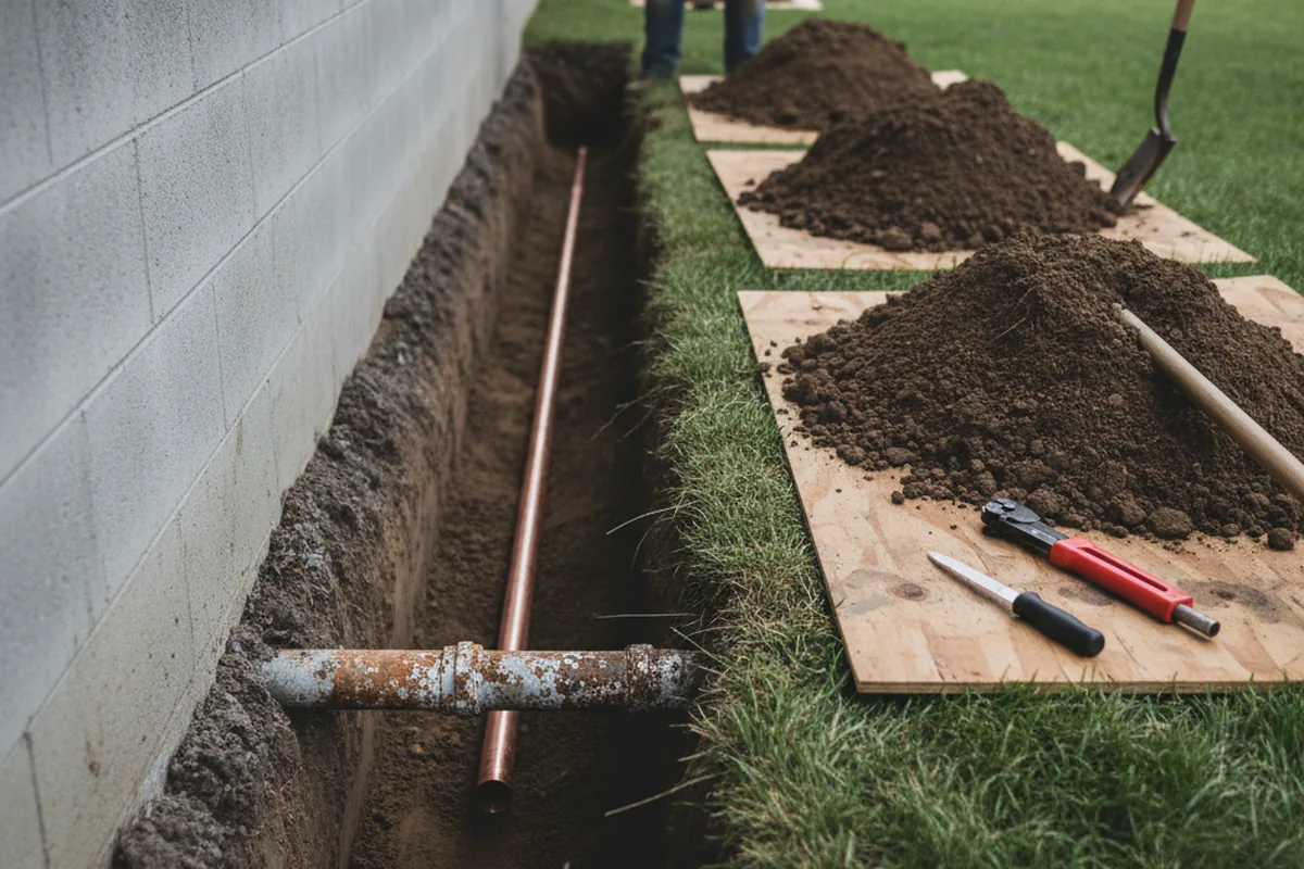 Excavated water line trench during Water Heater Repair in Garrett